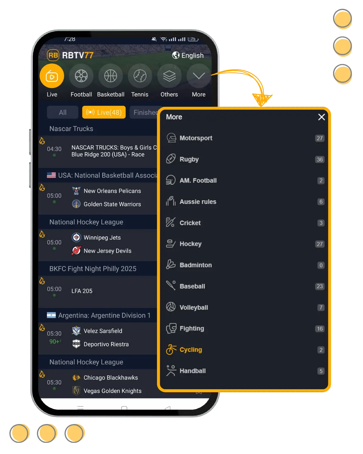 More Sports Categories In RBTV77 APK